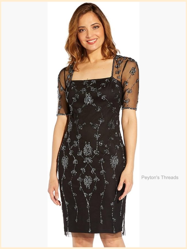 Adrianna Papell Beaded Mermaid Cocktail Dress Square Neck Elbow Sleeve